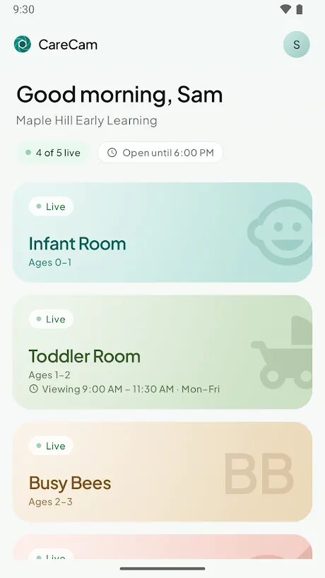 CareCam Android app showing live classroom cameras