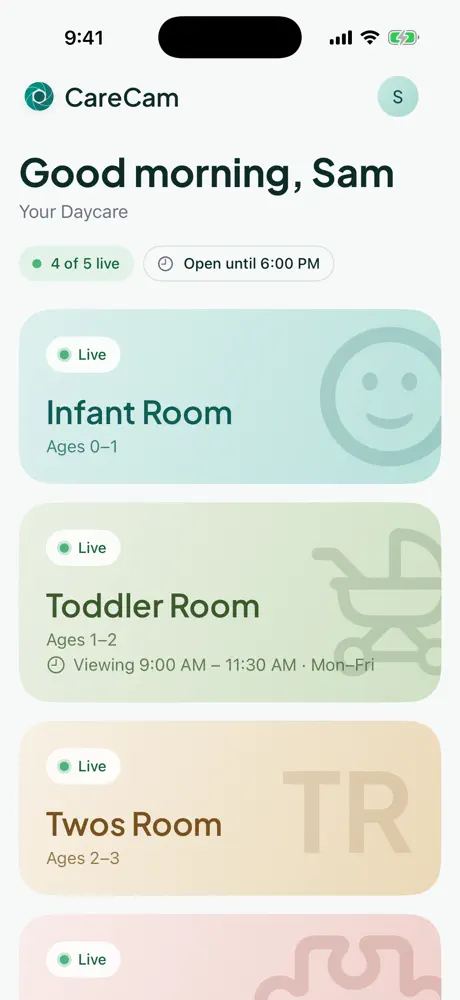 CareCam iPhone app showing live classroom cameras and viewing hours